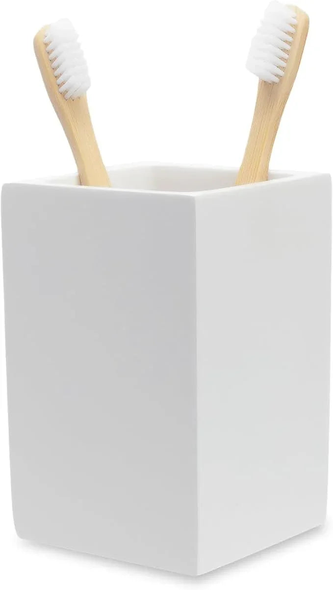 Yew Design Matte White Toothbrush and Toothpaste Holder for Bathroom Vanity and Countertop, Square Organizer for Electric Toothbrushes, Floss, Razors, Cotton, and Mouthwash - ModernBath