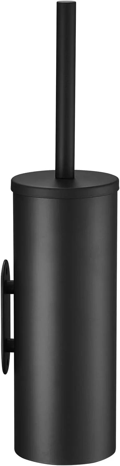 Toilet Bowl Brush and Holder, 304 Stainless Steel No-Punch Hook Base Dual Purpose Toilet Brush Holder with Removable Inner Bucket and Splash Cover - Soft Bristles (Black) - ModernBath