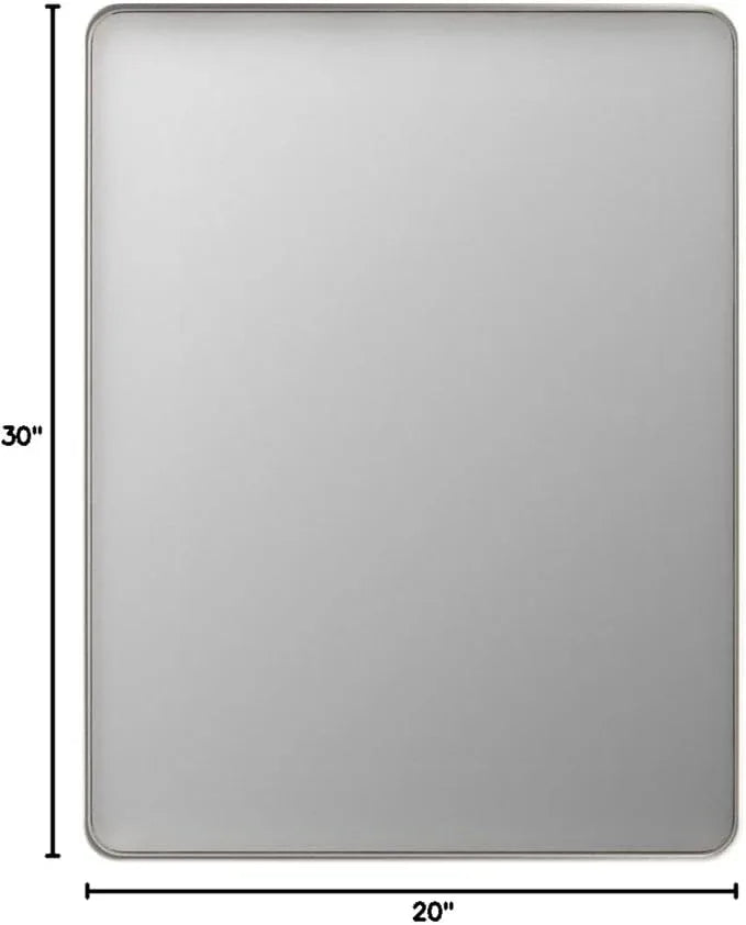 LOAAO 20X30 Inch Brushed Nickel Bathroom Mirror, Rounded Rectangle Silver Metal Frame Mirror, Brushed Nickel, Anti-Rust, Shatter Proof, Hangs Horizontally or Vertically - ModernBath
