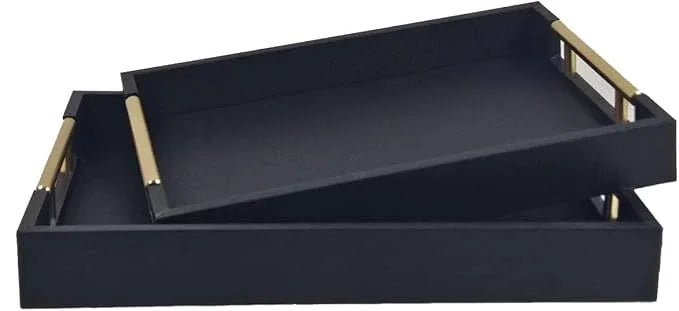 Set of 2 Wood Serving Tray with Gold Polished Metal Handles, Home Decorative Wooden Rectangle Ottoman Leather Decor Platter Bathroom Vanity Tray for All Occasions (Black) - ModernBath