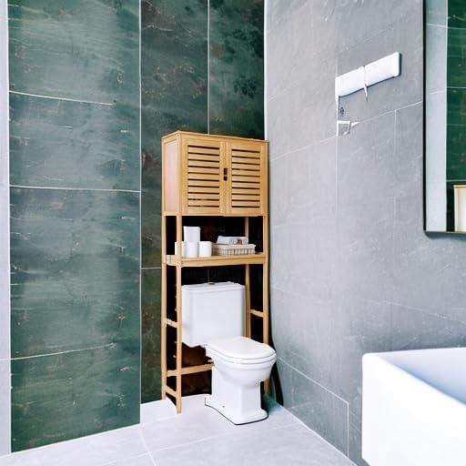 SMIBUY Bathroom Over The Toilet Storage Cabinet, 2 Door Bamboo Cabinet Organizer, Freestanding Space Saver Toilet Rack with Adjustable Inside Shelf and Open Shelf (Natural) - ModernBath