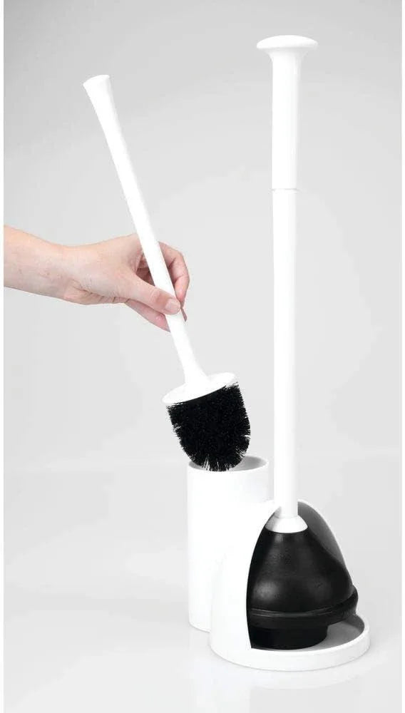 mDesign Hidden Plunger and Brush Set for Toilet Bowl - Combo with Holder Caddy - Modern Toilet Brush and Plunger Set - Aura Collection - White - ModernBath