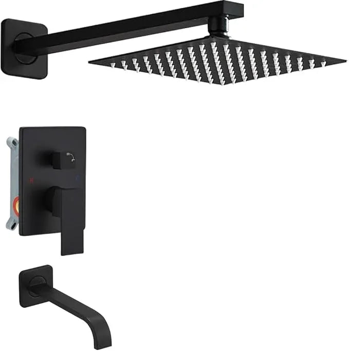 Heable Matte Black Shower Faucet Set with Tub Spout Bathroom Luxury Rain Mixer Shower Head System Wall Mounted Shower Faucet Complete, Single Handle Tub and Shower Trim Kit with Rough-in Valve - ModernBath