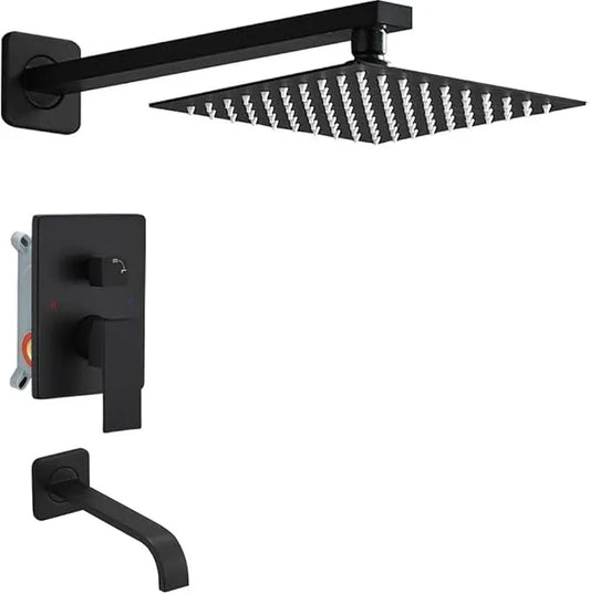Heable Matte Black Shower Faucet Set with Tub Spout Bathroom Luxury Rain Mixer Shower Head System Wall Mounted Shower Faucet Complete, Single Handle Tub and Shower Trim Kit with Rough-in Valve - ModernBath