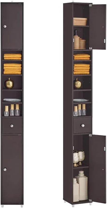 Haotian Bathroom Narrow Storage Cabinet, Skinny Tall Unit with Adjustable Shelves Slender Anti-Tipping Floor Standing Cupboard, Brown BZR34-BR - ModernBath
