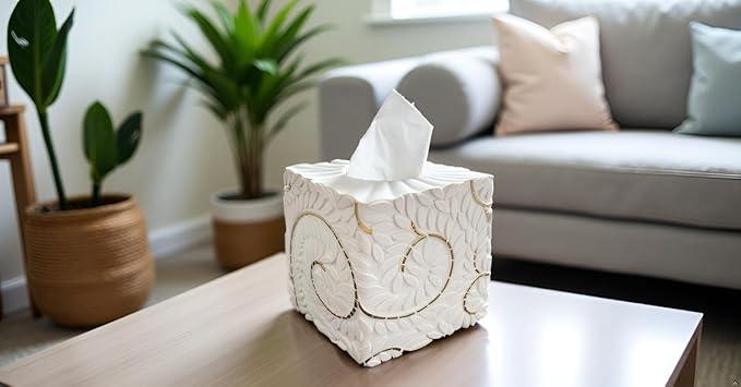 Huitony Square Tissue Box Cover Decorative Klenex Box Holder for Bathroom & Living Room with Handcrafted Texture (White&Gold) - ModernBath