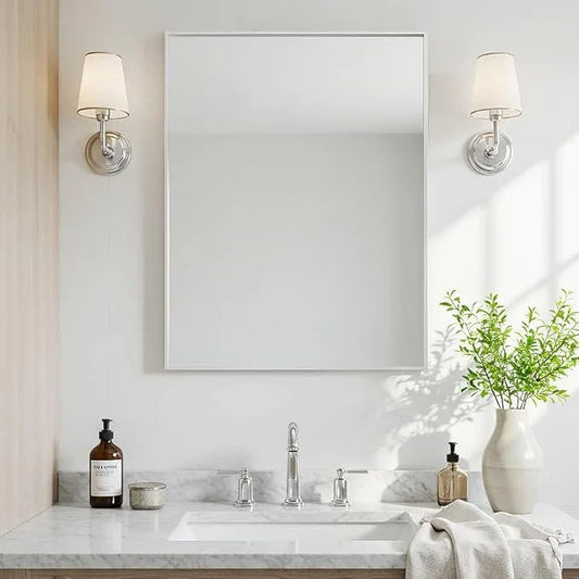 LEDLUX 24x30 Inch Silver Bathroom Mirror - Copper-Free Mirror, Aluminum Alloy Frame Vanity Rectangle Wall Mounted Modern Mirror for Bedroom/Living Room/Porch Horizontal or Vertical - ModernBath