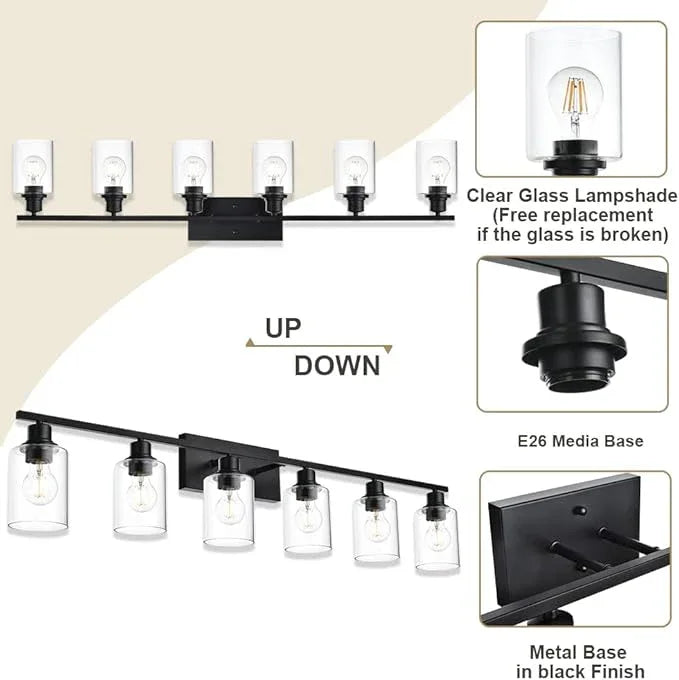 VINLUZ Bathroom Vanity Light Fixtures,6 Light Matte Black Modern Metal Base Wall Sconce Lighting with Clear Glass Shade Wall Mounted Lamp for Mirror - ModernBath