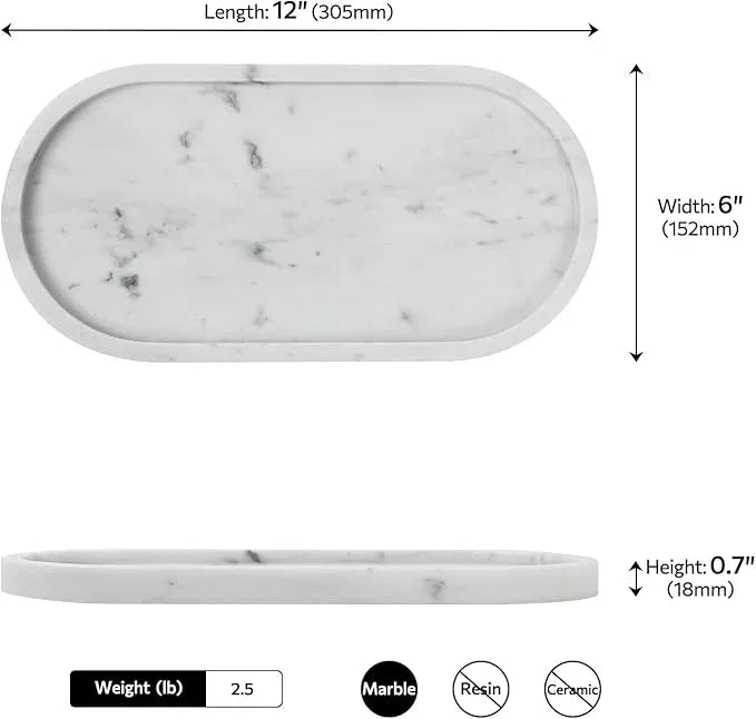 Faticdorr Carrara White Marble Tray, 2 Pcs, Marble Vcnity Tray, Bathroom, Decor for Trinket Perfume Jewelry Candle, 12 Inch Oval - ModernBath