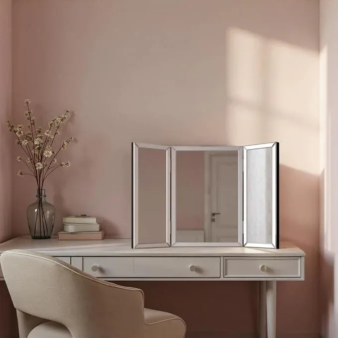 Howard Elliott Tripoli Trifold Vanity Mirror 3 Way TableTop Bedrooms, Bathroom, Makeup Portable Cosmetic & Makeup Mirror with Beveled Edges Tri-fold Mirror, 31 Inch x 21 Inch - ModernBath