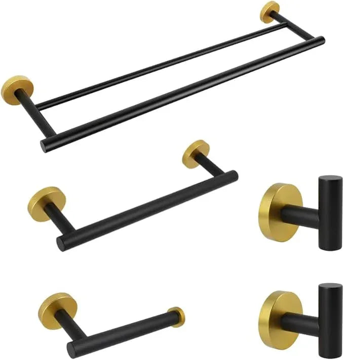 5-Pieces Bathroom Accessories Kit Black & Gold Wall Mounted - Includes 24" Double Towel Bar, 12" Hand Towel Bar, Toilet Paper Holder, 2X Robe Towel Hooks - ModernBath
