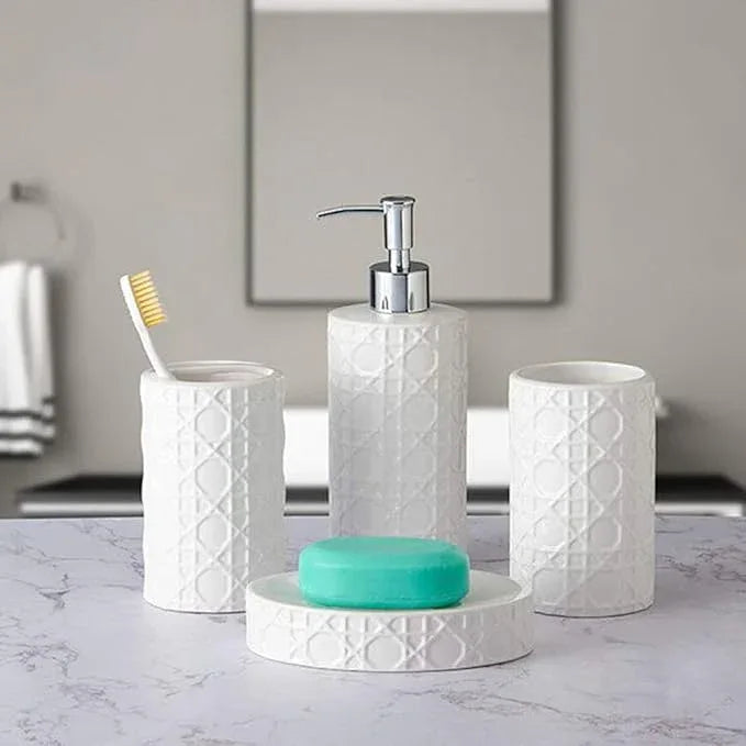 CAA'S Bathroom Accessories Set Ceramic 4 Pieces Bathroom Ensemble for Bath Decor Includes Lotion Dispenser Toothbrush Holder Tumbler Soap Dish (White Netting) - ModernBath