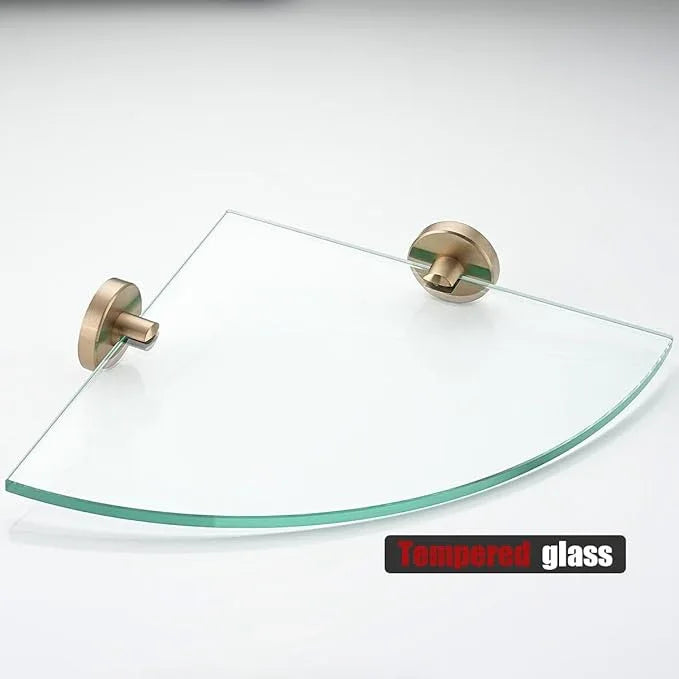 JQK Corner Glass Shelf, Champagne Bronze Bathroom 304 Stainless Steel Shower Triangle Floating Wall Shelf, 10 x 10 Tempered Glass, 2 Pack, TGS190L10-CB-P2 - ModernBath