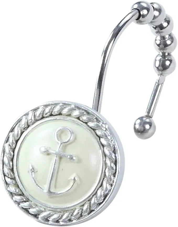 Nautical Anchor Shower Curtain Hooks, Rustproof Black White Ocean Sea Bathroom Curtain Hooks, 5 Roller Ring Balls Shower Hooks for Shower Curtain, Decorative Shower Curtain Hooks, Set of 12 - ModernBath