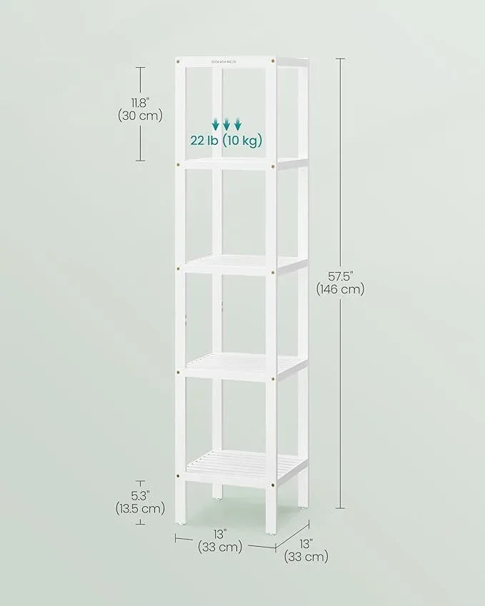 SONGMICS Bamboo Storage Shelf, 5-Tier Shelving Unit, Multifunctional, in The Entryway, Bathroom, Living Room, Balcony, Kitchen, 13 x 13 x 57.5 Inches, Cloud White UBCB055W01 - ModernBath