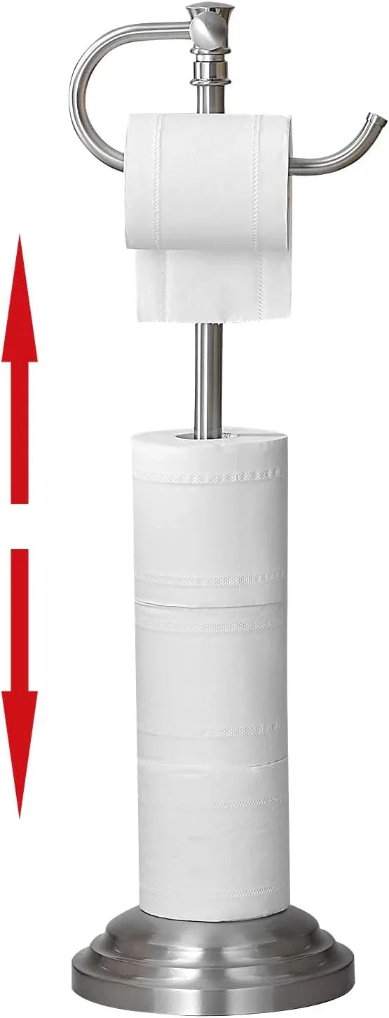 RUMOSE Toilet Paper Holder Stand for Floor, Brushed Nickel Adjustable (12.4" to 22.8") Bathroom Toilet Tissue Holder, Free Standing Toilet Paper Roll Holder with Storage, Stainless Steel - ModernBath