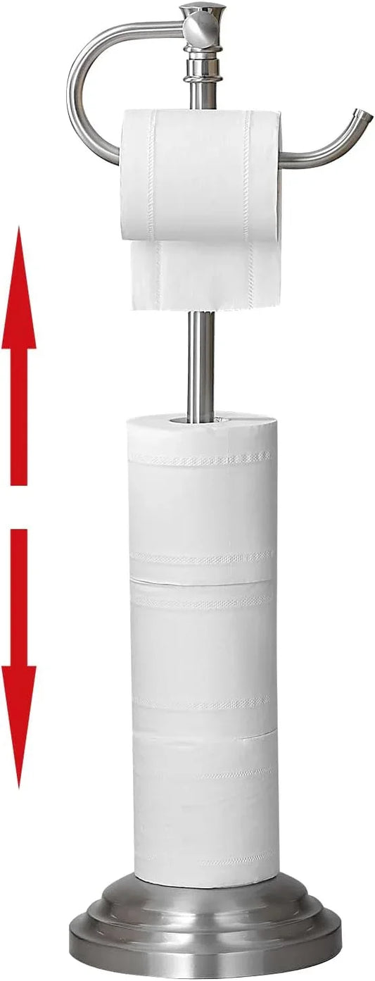 RUMOSE Toilet Paper Holder Stand for Floor, Brushed Nickel Adjustable (12.4" to 22.8") Bathroom Toilet Tissue Holder, Free Standing Toilet Paper Roll Holder with Storage, Stainless Steel - ModernBath