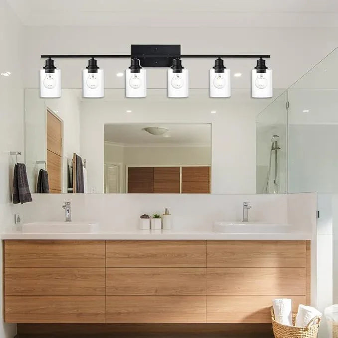 VINLUZ Bathroom Vanity Light Fixtures,6 Light Matte Black Modern Metal Base Wall Sconce Lighting with Clear Glass Shade Wall Mounted Lamp for Mirror - ModernBath