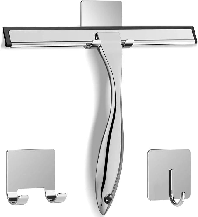 All-Purpose Stainless Steel Shower Squeegee for Shower Glass Door with 2 Adhesive Hooks, Bathroom Cleaner Tool Household Window Mirror Squeegee for Glass Doors, Cleaning Tile Wall, Car, 14 Inch Silver - ModernBath