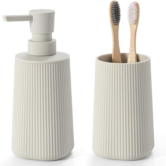 YAUKPH Bathroom Accessories 2 Piece Soap Dispenser and Toothbrush Holder Set Striped Beige