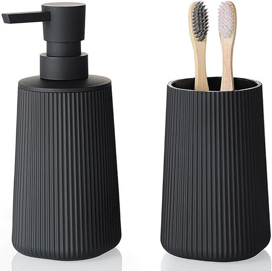 YAUKPH Bathroom Accessories 2 Piece Soap Dispenser and Toothbrush Holder Set Striped Black