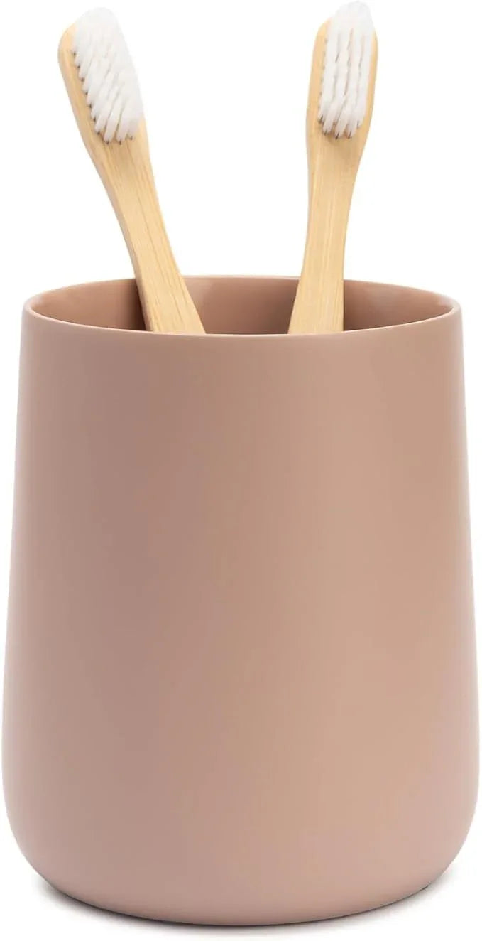 Yew Design Matte Dusty Pink/Mauve Toothbrush and Toothpaste Holder and Cup for Bathroom Vanity and Countertop, Round Organizer for Electric Toothbrushes, Floss, Razors, Cotton, and Mouthwash - ModernBath