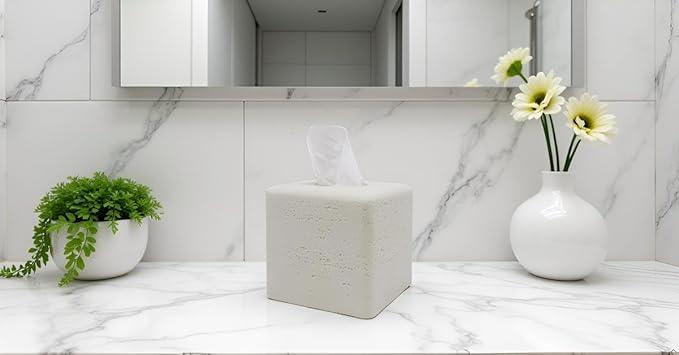 Huitony Travertine Tissue Box Cover Square Decorative Stone Klenex Box Holder for Bathroom & Living Room with Handcrafted Texture (Light White) - ModernBath