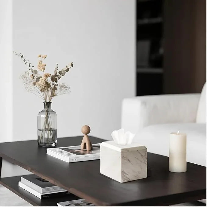 WORHE Tissue Box Cover Italy Natural Marble Heavy Duty Square Facial Toilet Paper Holder for Bathroom Living Room Bedroom Dresser Vanity Kitchen Minimalistic Office Home Decor Jazz White (WH014) - ModernBath