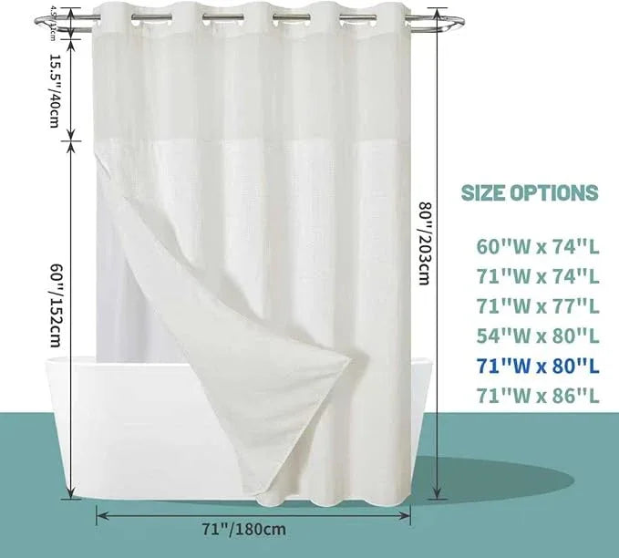 eachope Cream Long No Hook Waffle Weave Shower Curtain with snap-in Liner Replacement, 230GSM Waterproof Fabric Hotel Shower Curtain Set for Bathroom, Through Mesh Top Window,71Wx80H - ModernBath