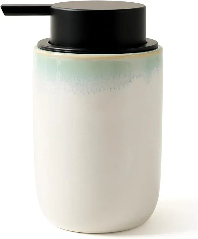 BosilunLife Hand Soap Dispenser - Foam Soap Dispenser Bathroom Ceramic Dish Liquid Soap Dispenser for Kitchen, Bathroom Countertop Soap Dispensers (White with Blue-Green Rim Liquid Pump) - ModernBath