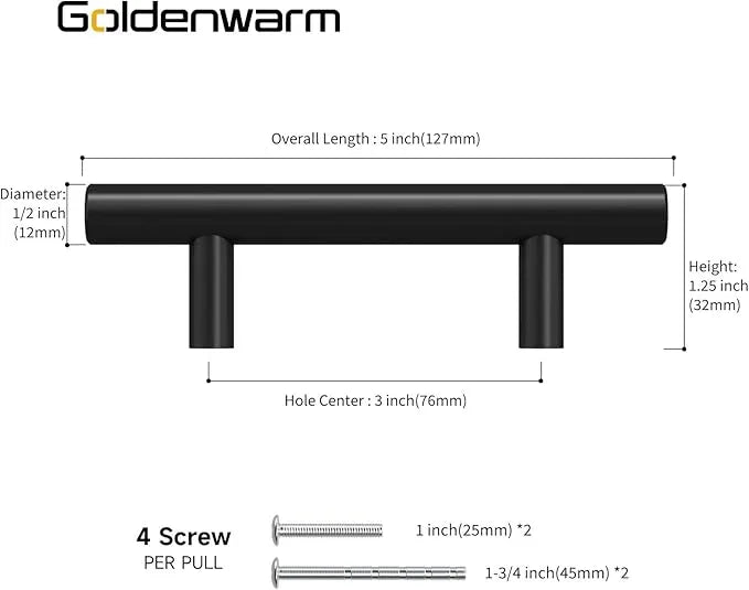 goldenwarm 35 Pack Black Cabinet Pulls Kitchen Cabinet Handles Black Drawer Pulls T Bar Drawer Handles Stainless Steel Hardware for Bedroom Door Cupboard, 3Inch Hole Center - ModernBath