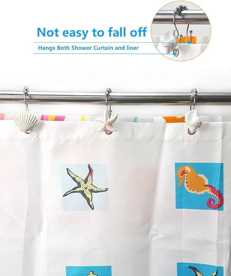 Ocean Decorative Shower Curtain Hooks Rust Proof,Stainless Steel Shower Curtain Rings with 5 Glide Rollers for Bathroom and Shower Set of 12-Hook - ModernBath