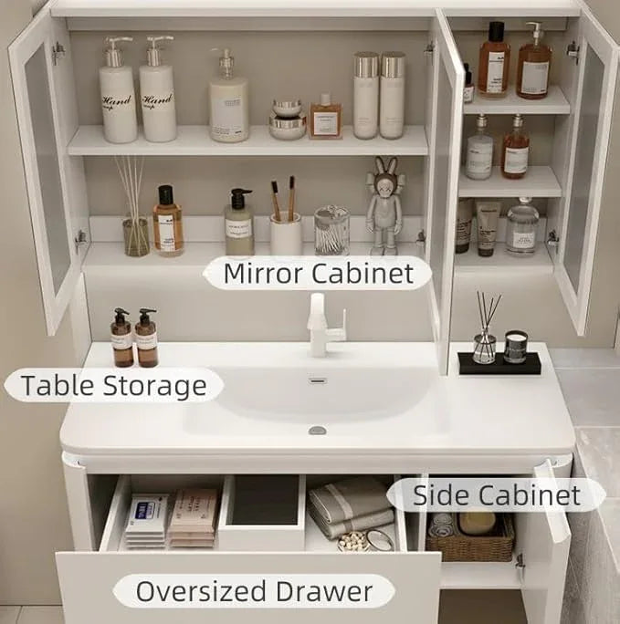 48in Luxury White Bathroom Cabinet - Oversized Drawer & Intelligent Defogging & High-Definition LED Lighting & Suspended Bathroom Cabinet | Bathroom Vanity with Sink - ModernBath