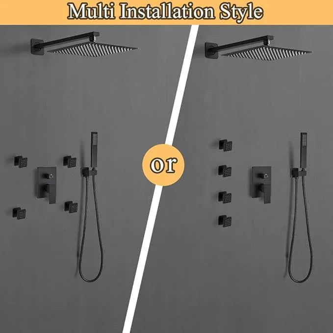 annazom Matte Black Shower Faucet Set with Body Jets 10 Inch Matte Black Shower Head Handheld Shower Combo Set High Pressure Wall Mount with Rough-in Valve - ModernBath