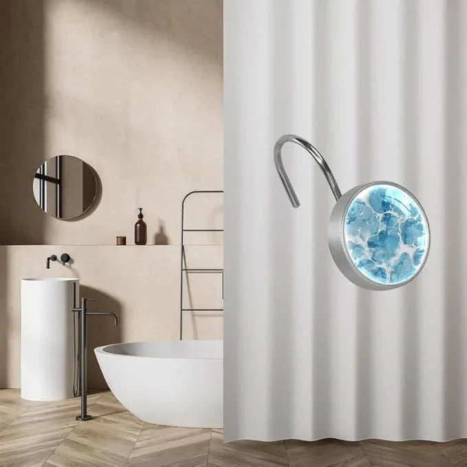 12 Pcs Decorative Shower Curtain Hooks, Rust Proof Glass Surface Stainless Steel Rings for Bathroom Bedroom Kitchen Home Bath Room Rods Decor (Blue Water Ripples) - ModernBath