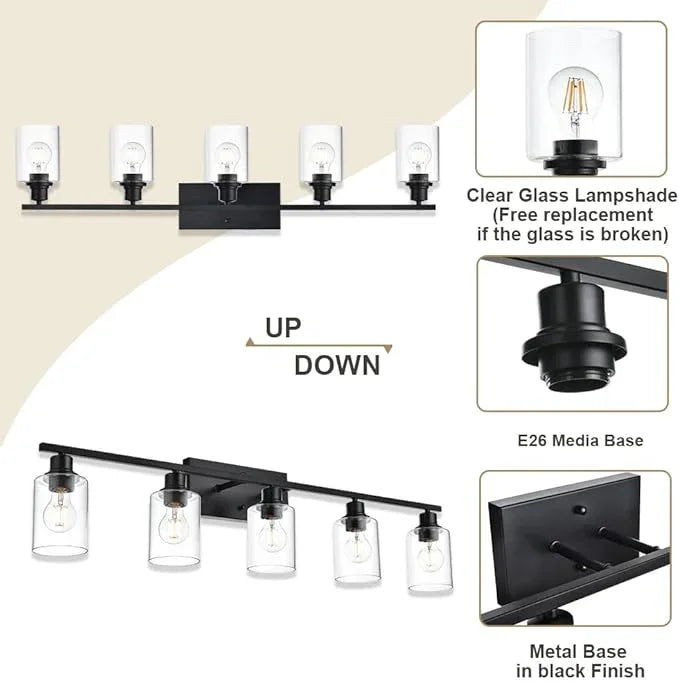 VINLUZ Bathroom Lighting Fixtures Over Mirror Matte Black,5-Lights Farmhouse Vanity Lights Wall Mount Light Fixture for Porch Workshop - ModernBath