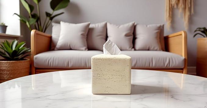 Huitony Marble Tissue Box Cover Square Decorative Stone Klenex Box Holder for Bathroom & Living Room with Handcrafted Texture (Beige Yellow) - ModernBath