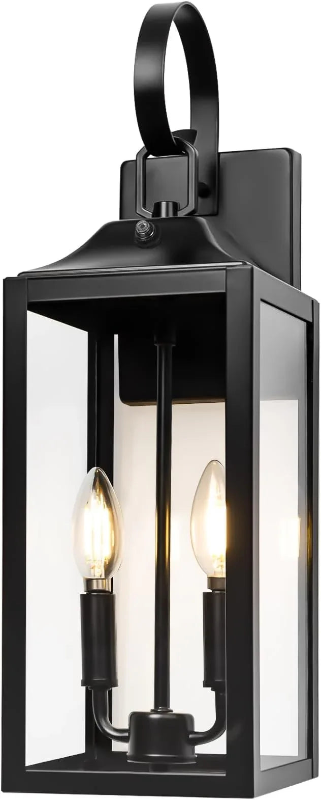 Black Dusk to Dawn Outdoor Wall Lantern 2-Light, 19" Large Outside Modern Porch Sconce Light Fixture, Industrial Porch Light Wall Mount with Glass, Waterproof Farmhouse Exterior Lamp Lighting - ModernBath