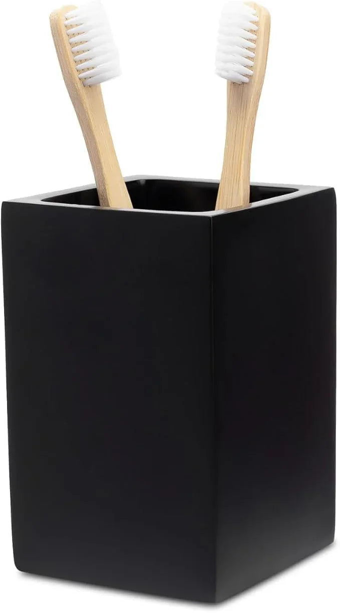 Yew Design Matte Black Toothbrush and Toothpaste Holder for Bathroom Vanity and Countertop, Square Organizer for Electric Toothbrushes, Floss, Razors, Cotton, and Mouthwash - ModernBath