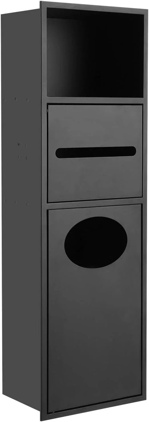 Stainless Steel Shower Niche with Trash Can, 7.9 x 5.3 x 24.8In Bathroom Cabinet with Toilet Paper Holder, Built-in Trash Can Alcove for Kitchens, Living Rooms, Bathrooms (Black) - ModernBath