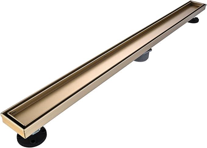 Linear Shower Floor Drain, Brushed Gold 36 Inch 304 Stainless Steel Bathroom Drains Kit, Rectangular Shower Trench Drain with Reversable Tile-in Pattern Drain Cover & Hair Catcher - ModernBath