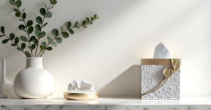 Huitony Square Tissue Box Cover Decorative Kleenex Box Holder for Bathroom & Living Room with Handcrafted Texture (colla Gold) - ModernBath
