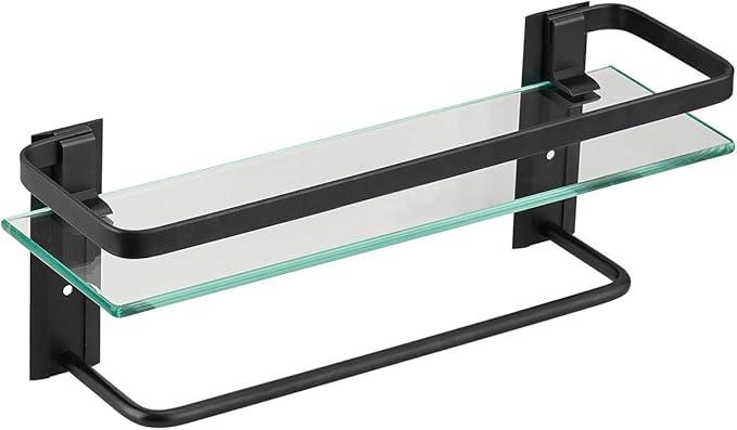 VOLPONE Bathroom Glass Shelf with Towel Bar Black Bathroom Shelf Wall Mount Rustproof Bathroom Wall Organizer Towel Rails1 Tier (Black) - ModernBath