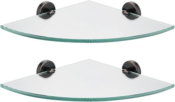 JQK Corner Glass Shelf, Oil Rubbed Bronze Bathroom 304 Stainless Steel Shower Triangle Floating Wall Shelf, 10 x 10 Tempered Glass, 2 Pack, TGS190L10-ORB-P2 - ModernBath