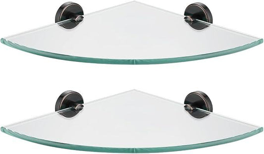 JQK Corner Glass Shelf, Oil Rubbed Bronze Bathroom 304 Stainless Steel Shower Triangle Floating Wall Shelf, 10 x 10 Tempered Glass, 2 Pack, TGS190L10-ORB-P2 - ModernBath