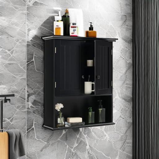 Tangkula Wall Mount Bathroom Cabinet Wooden Medicine Cabinet Storage Organizer with 2-Doors and 1-Shelf Cottage Collection Wall Cabinet (Black) - ModernBath