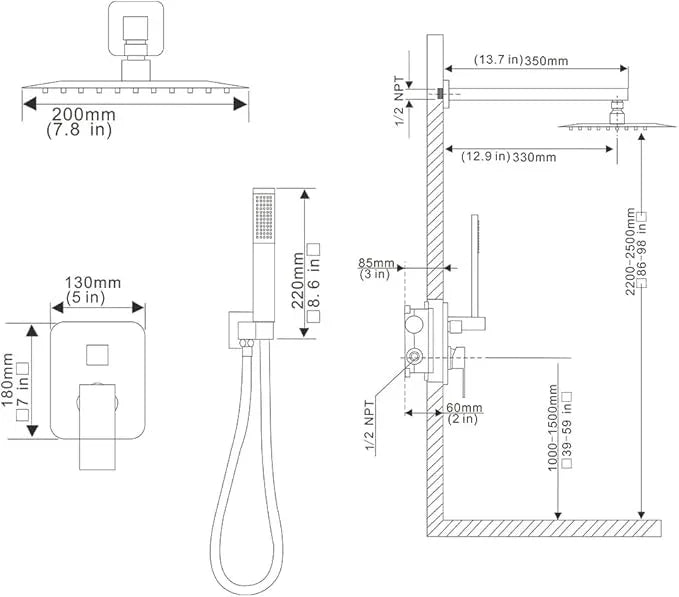 Heable Matte Black Shower System Bathroom Luxury Rain Mixer Shower Combo Set Wall Mounted Rainfall Shower Head System Shower Faucet Rough-in Valve Body and Trim Kit - ModernBath