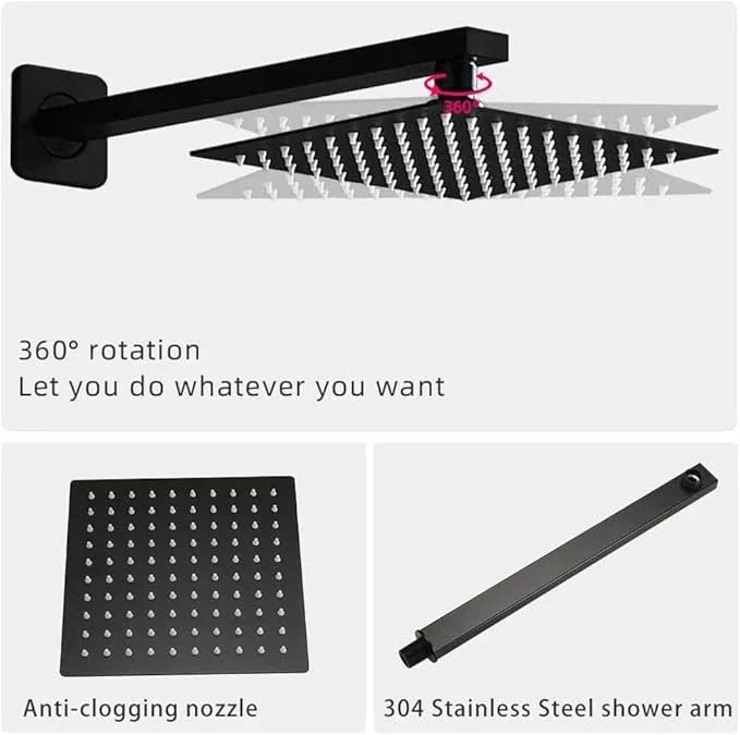 Heable Matte Black Shower Faucet Set with Tub Spout Bathroom Luxury Rain Mixer Shower Head System Wall Mounted Shower Faucet Complete, Single Handle Tub and Shower Trim Kit with Rough-in Valve - ModernBath