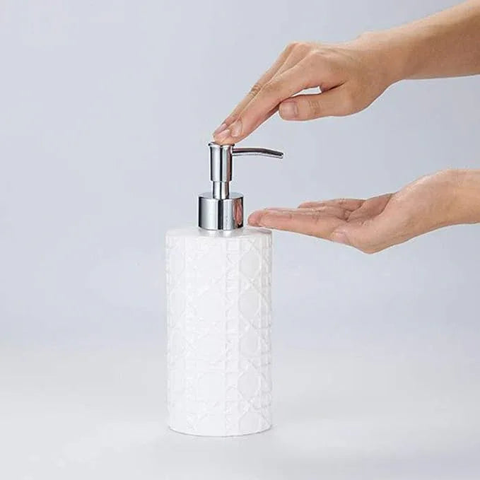 CAA'S Bathroom Accessories Set Ceramic 4 Pieces Bathroom Ensemble for Bath Decor Includes Lotion Dispenser Toothbrush Holder Tumbler Soap Dish (White Netting) - ModernBath