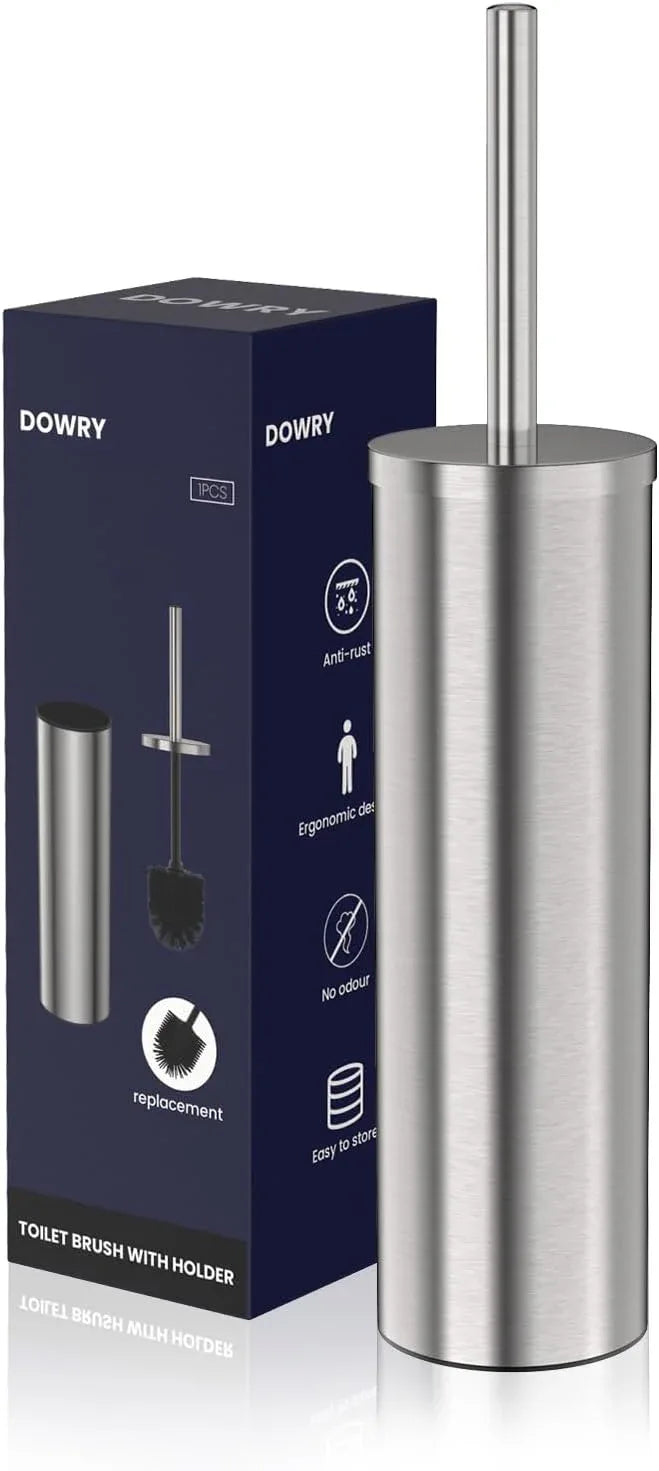 DOWRY Stainless Steel Freestanding Toilet Bowl Brush and Holder with Long Handle for Bathroom Storage Organization,Sturdy Deep Cleaning Toilet Bowl Cleaner,Nickel Round - ModernBath